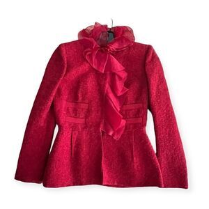 Giambattista Valli red tweed blazer silk ruffle collar, NWOT 40